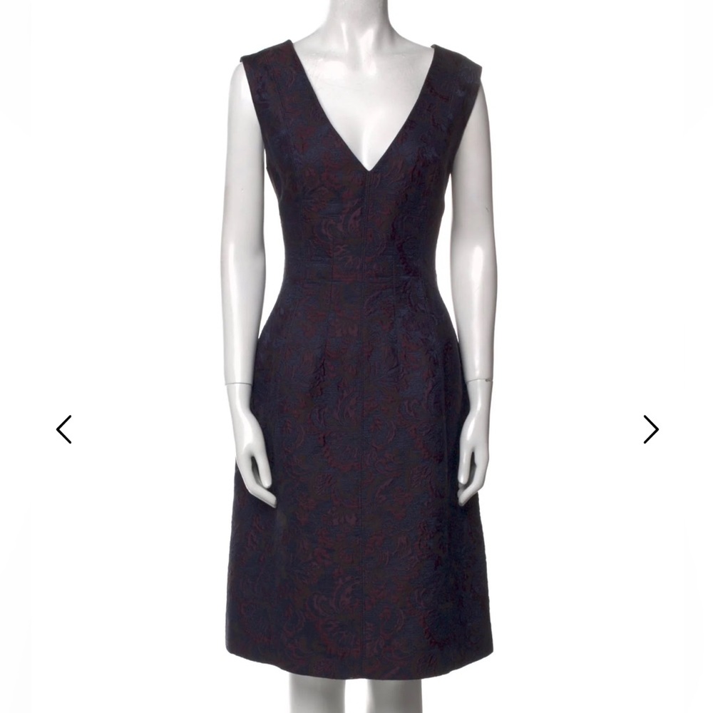 Oscar de la Renta Printed Midi Length Dress Size 10 Maroon and Navy